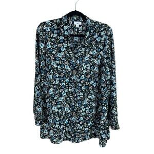 J.jill Black Blue Floral‎ Button Up Layered Blouse Long Slvs Size Medium Tunic